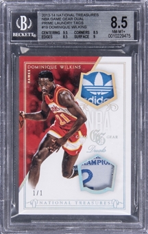 2013-14 Panini National Treasures "NBA Game Gear Duals" Prime #19 Dominique Wilkins Dual-Laundry Tag Patch Card (#1/1) - BGS NM-MT+ 8.5